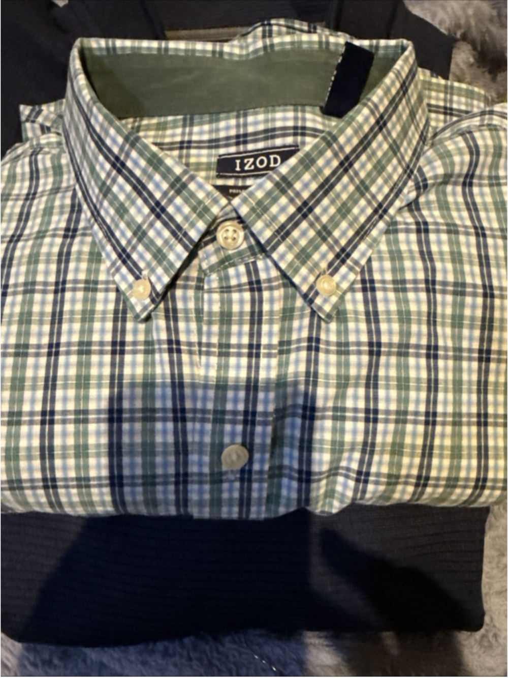 IZOD Button Down Shirt Plaid Green Blue Checkered Long Sleeve Casual Size XL